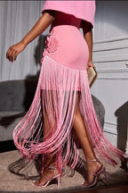 Vestido largo elegante de fiesta de dos piezas con flecos para mujer