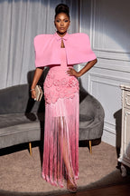 Vestido largo elegante de fiesta de dos piezas con flecos para mujer