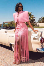 Vestido largo elegante de fiesta de dos piezas con flecos para mujer