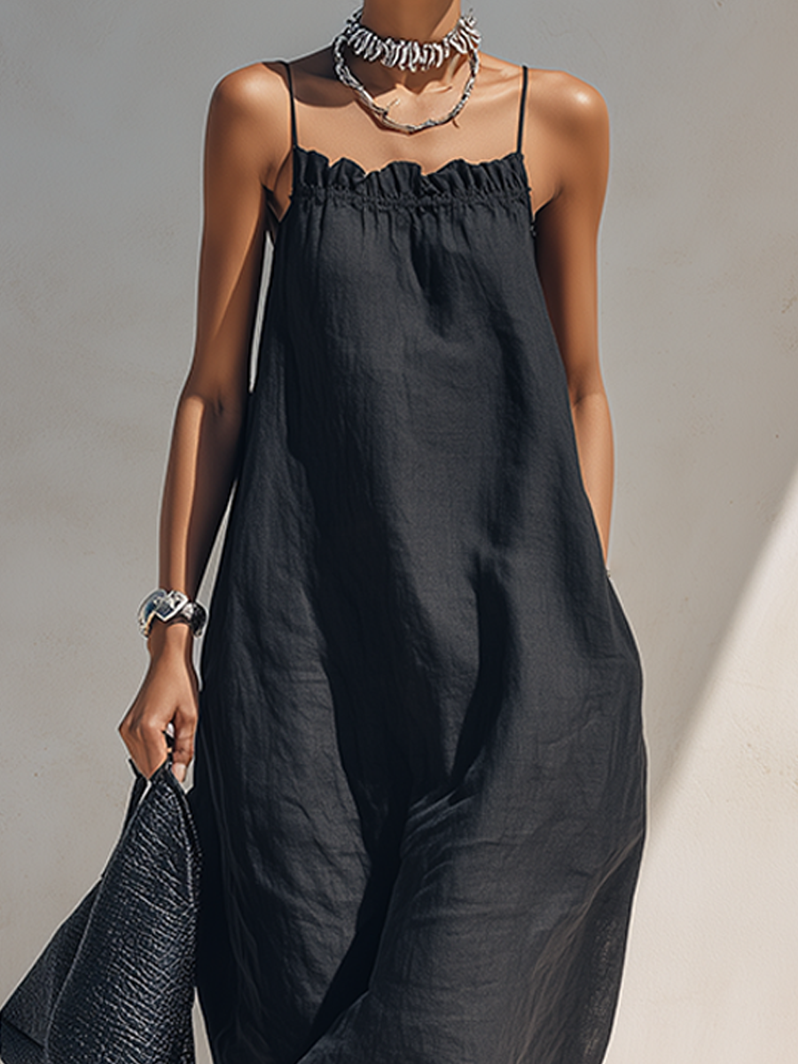 Ruffle Neck Linen Maxi Dress