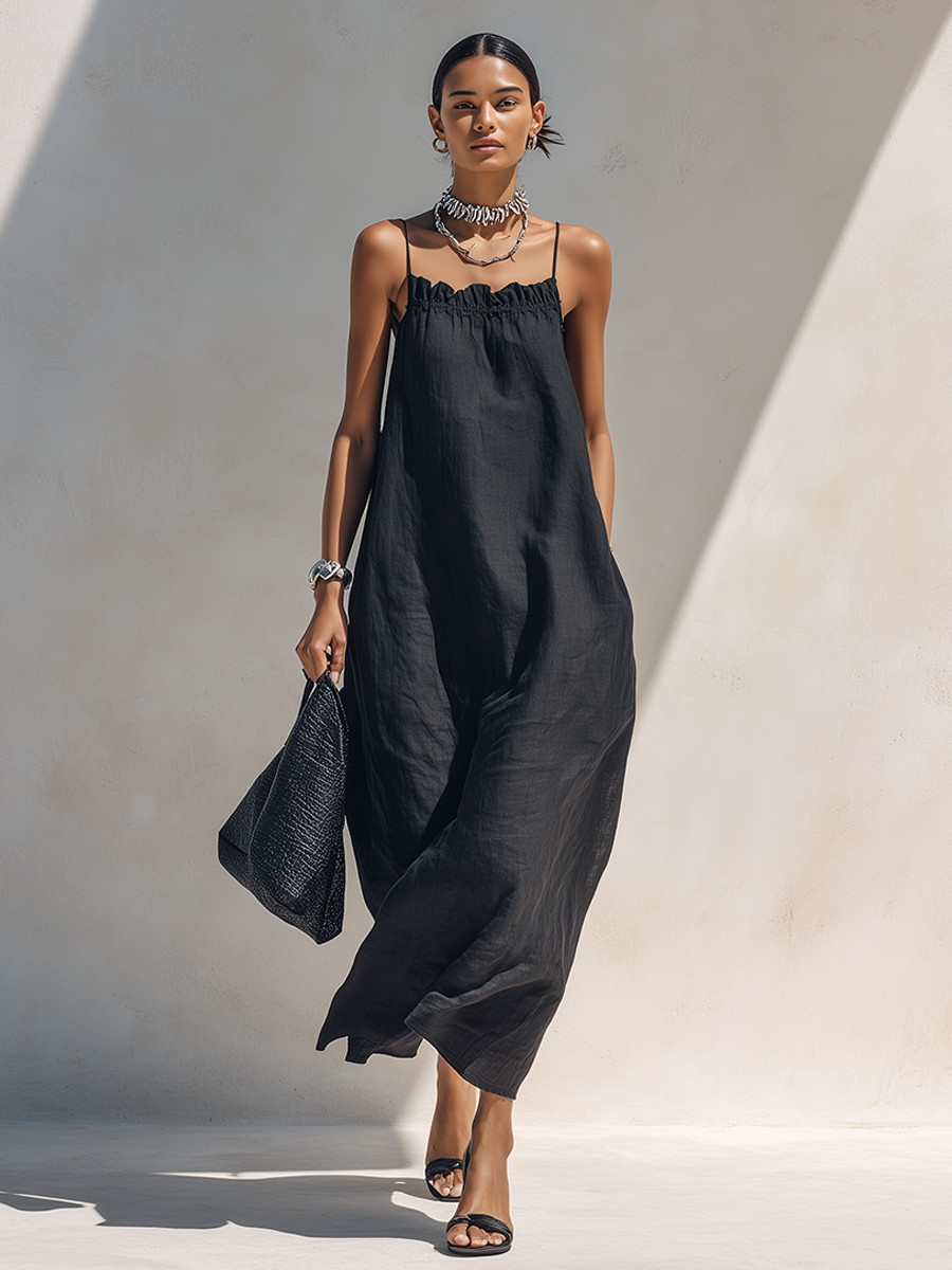 Ruffle Neck Linen Maxi Dress