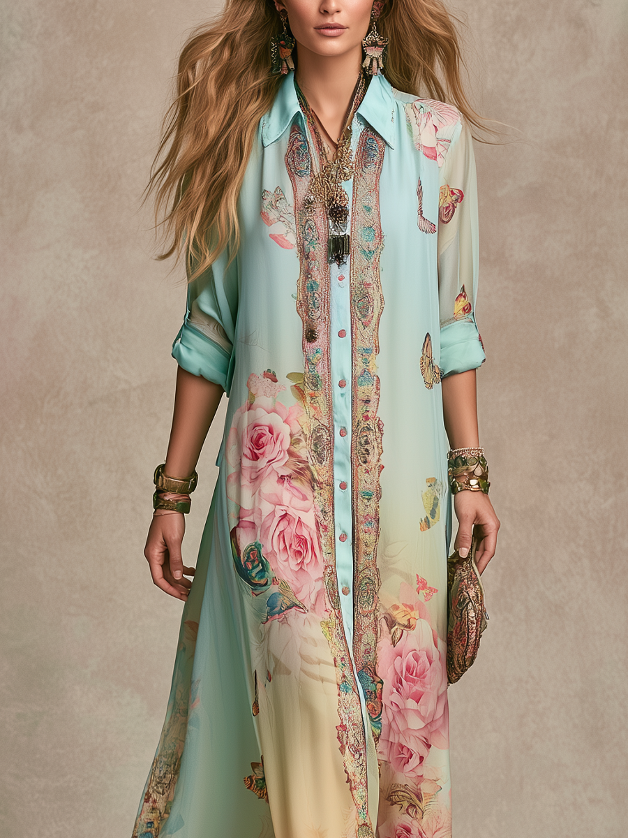 Baroque Floral Chiffon Maxi Dress