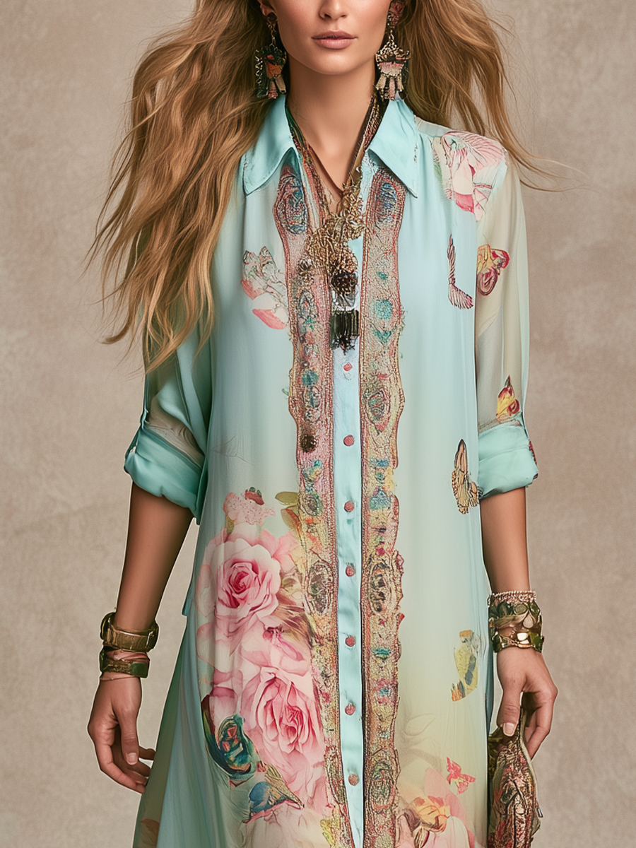 Baroque Floral Chiffon Maxi Dress