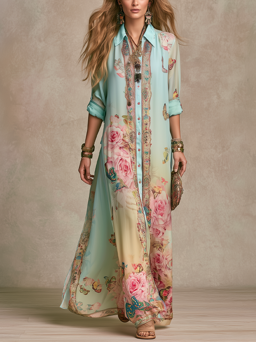 Baroque Floral Chiffon Maxi Dress