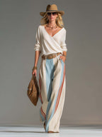 Retro Surplice Striped Wide-Leg Set