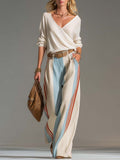 Retro Surplice Striped Wide-Leg Set