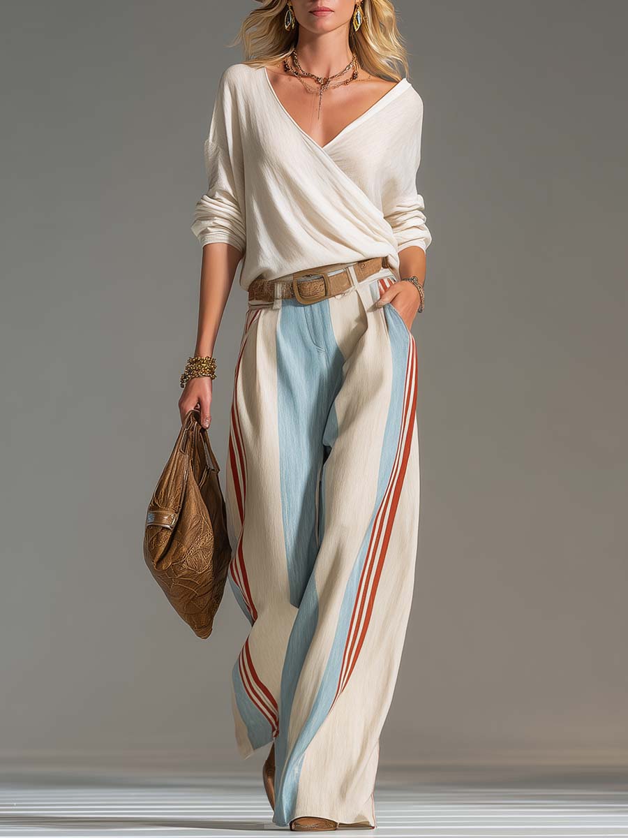Retro Surplice Striped Wide-Leg Set