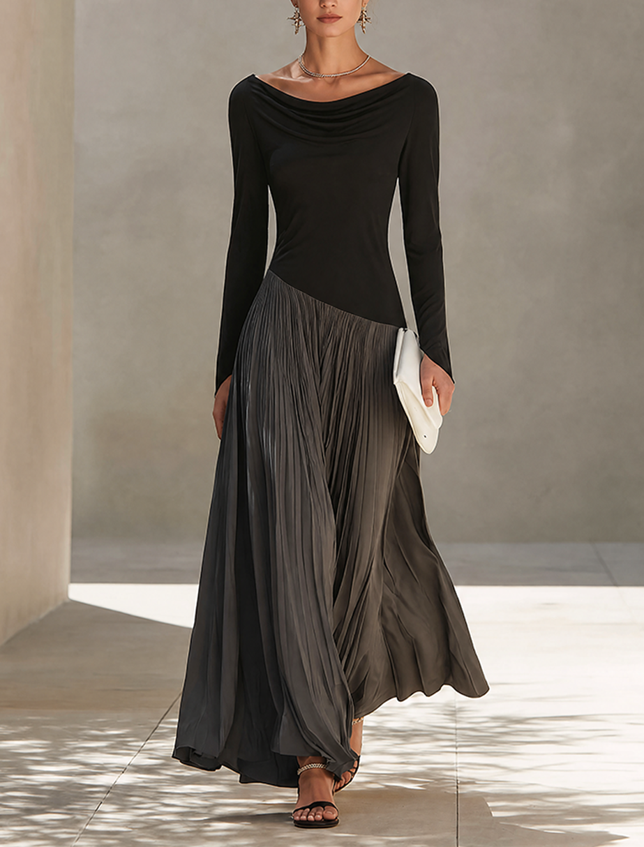 Draped Color-Block Maxi Dress