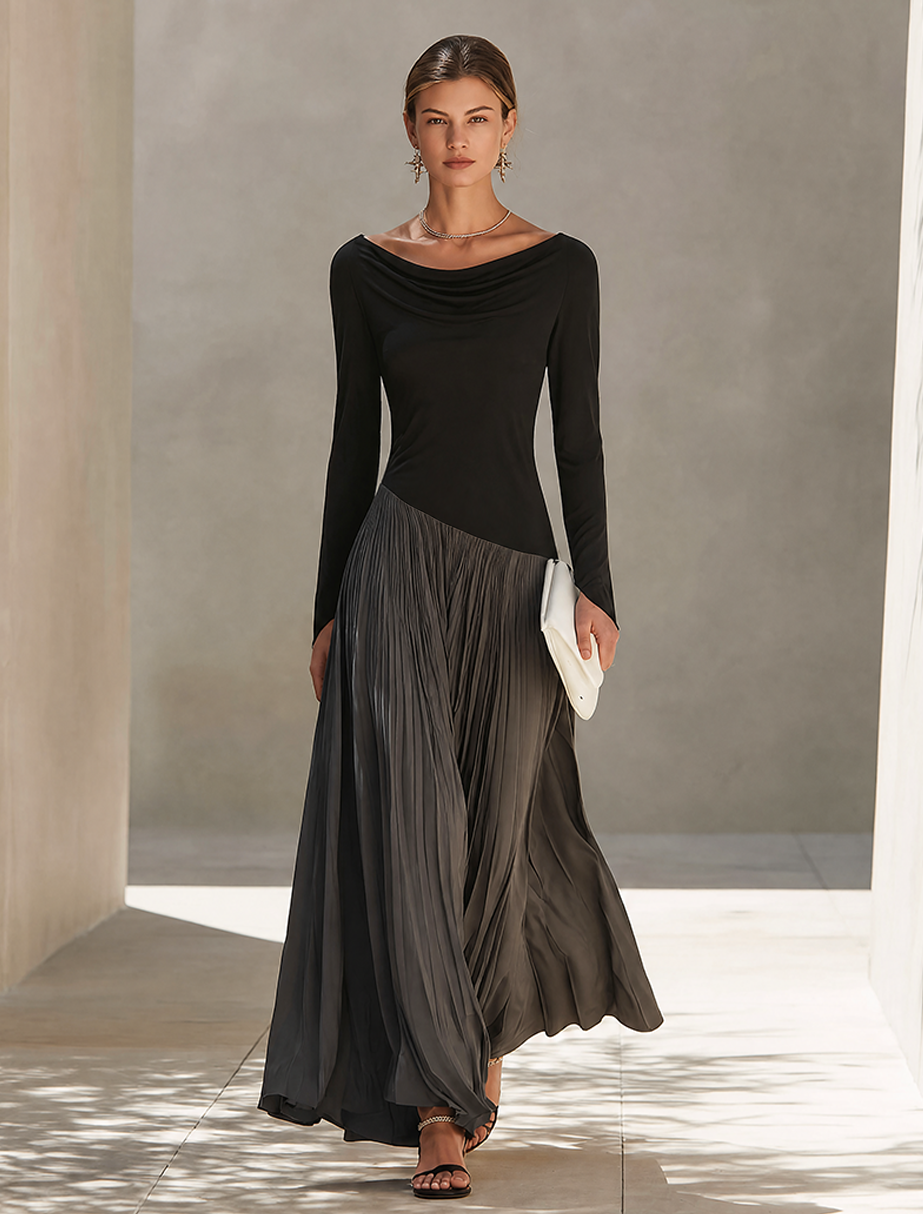 Draped Color-Block Maxi Dress