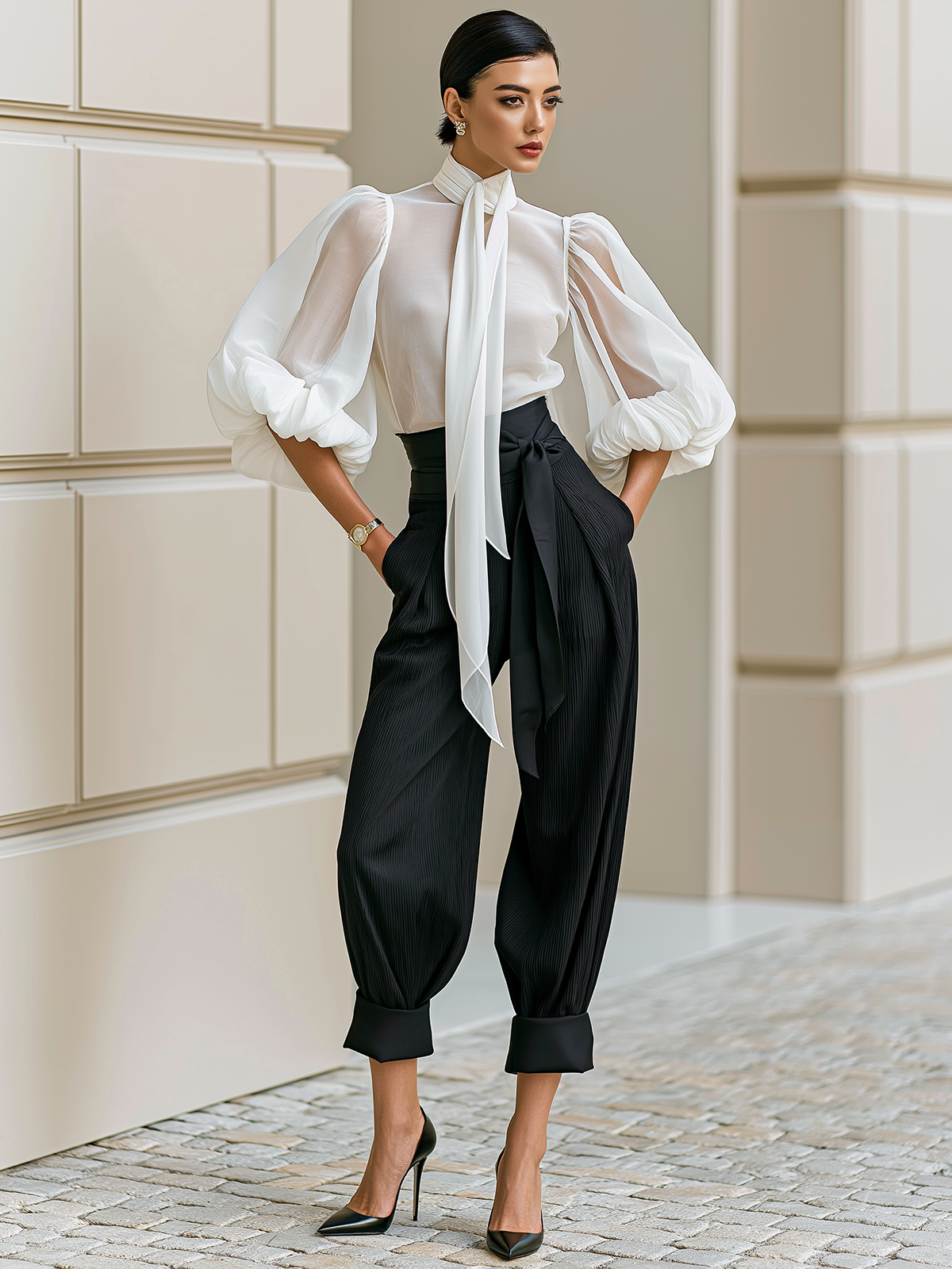 Monochrome Tie Balloon Pants Set