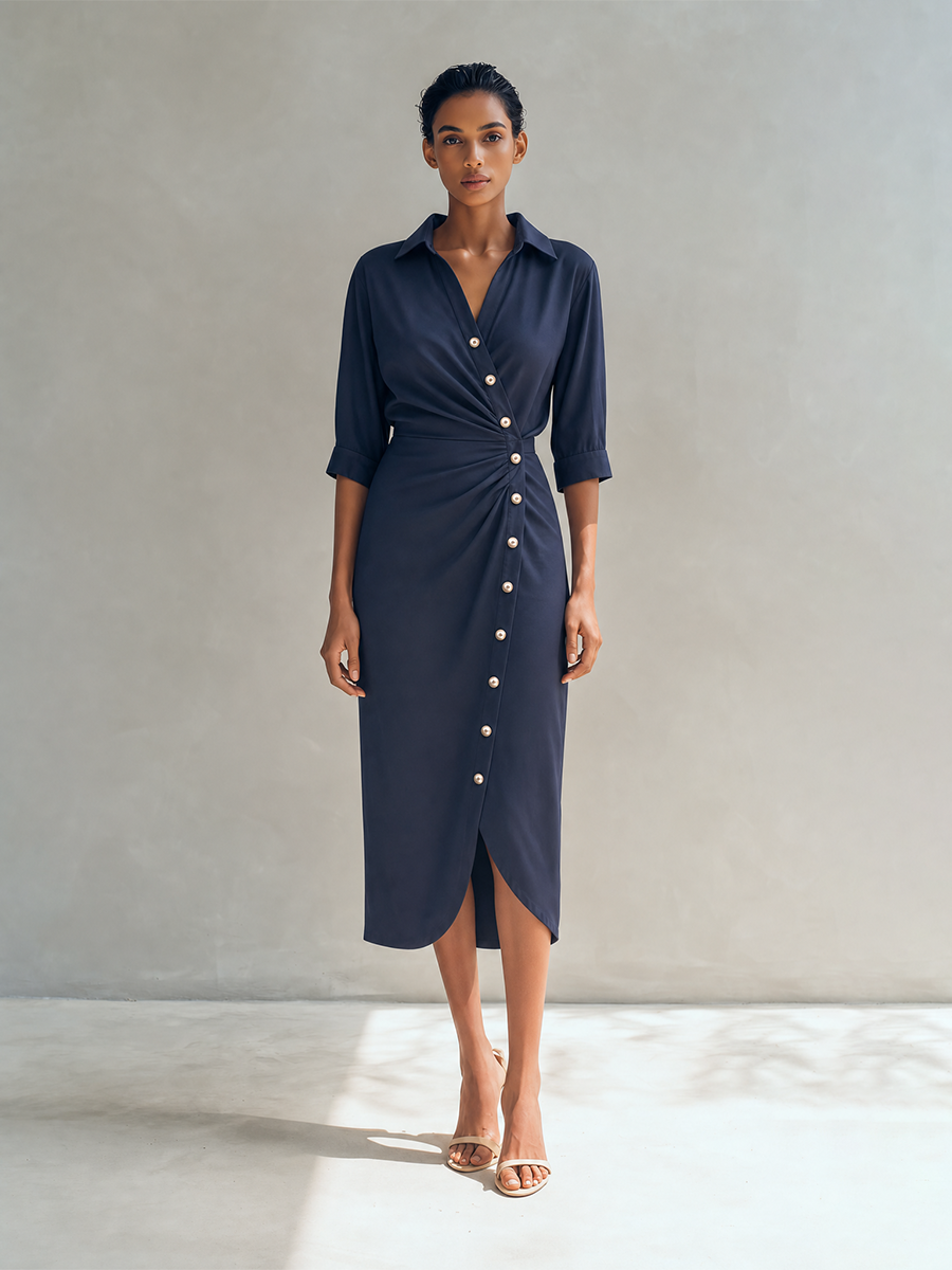 Sculpted Wrap Midi Shirt Dress