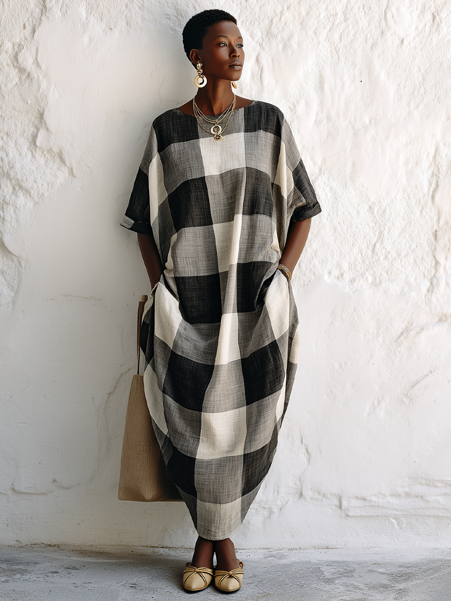 Classic Color-Block Plaid Maxi Dress