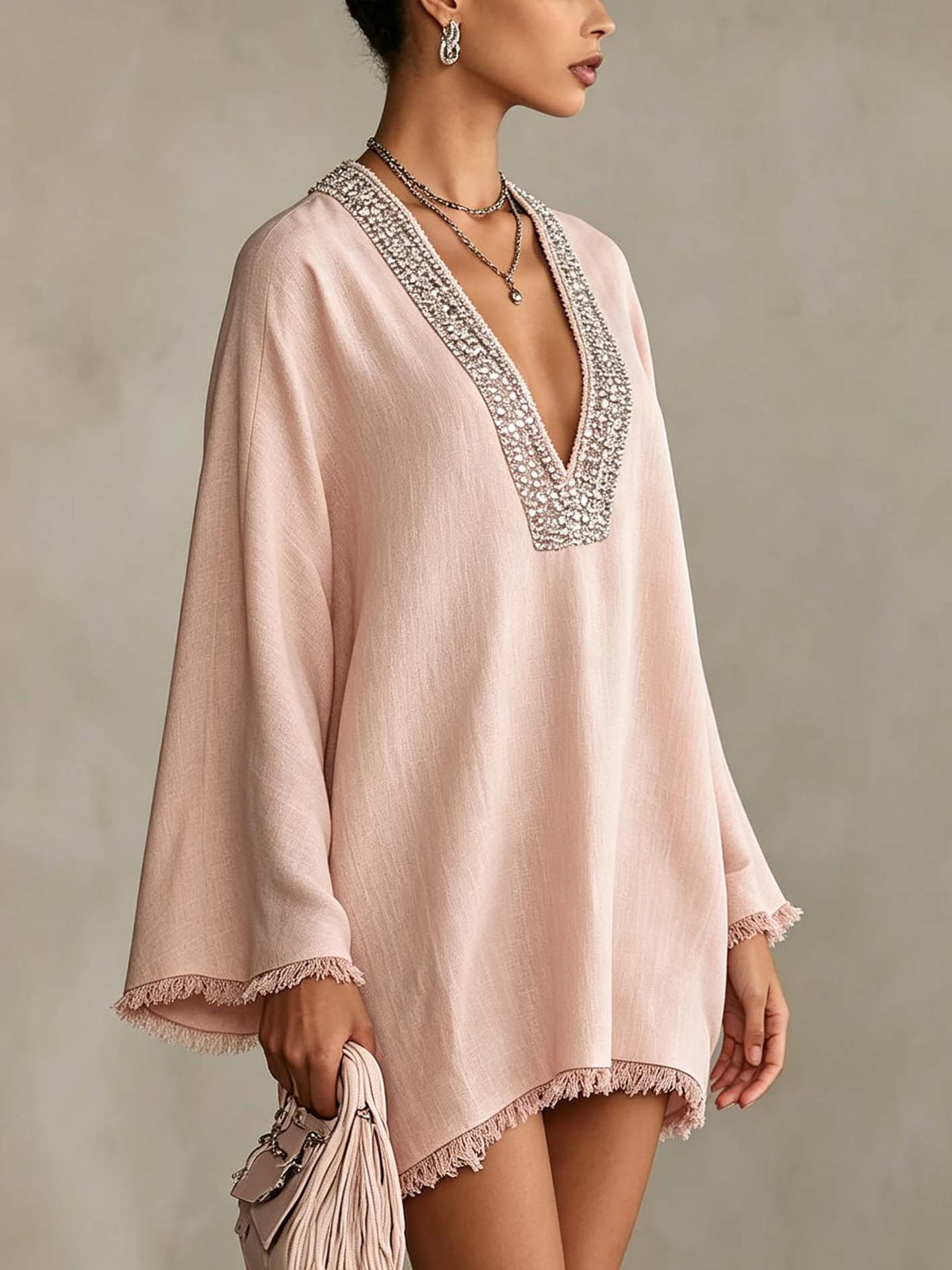Bohemian Rhinestone Fringe Mini Dress