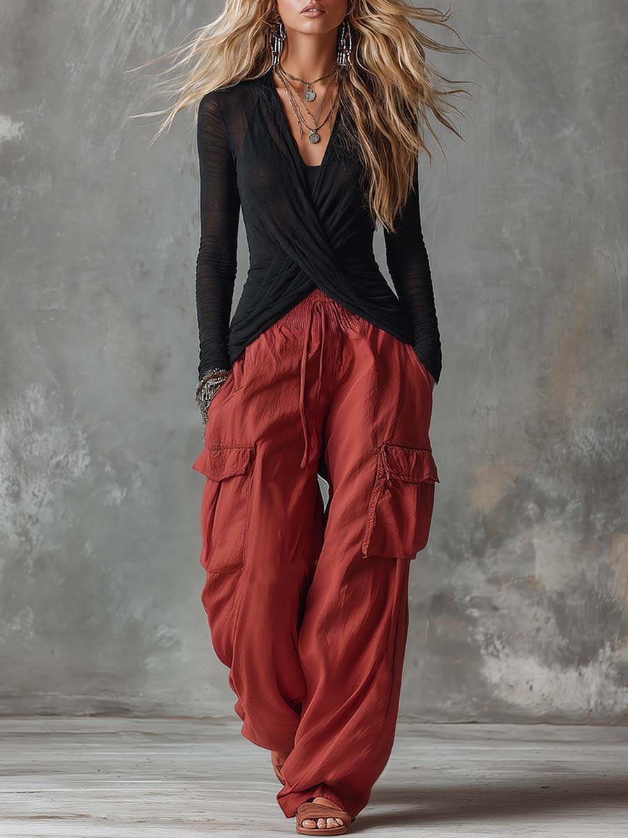 Retro Contrast Cargo Pants Set