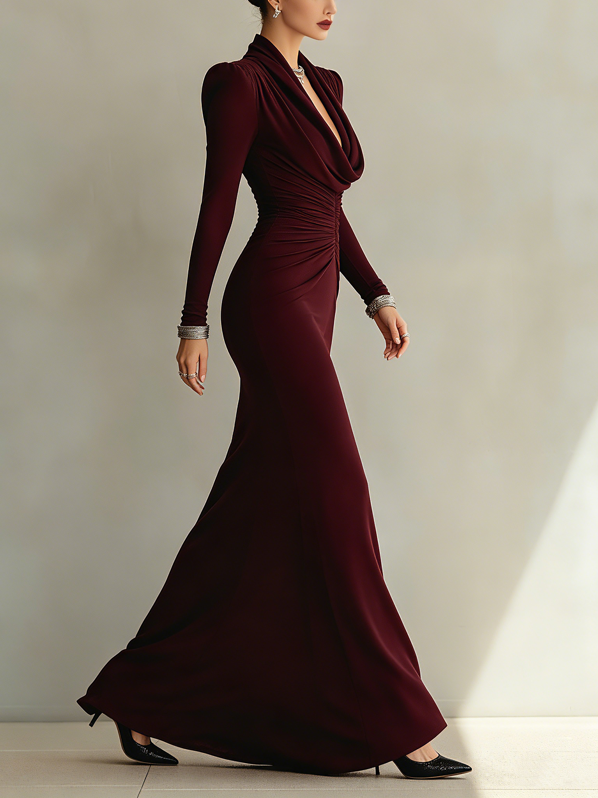 Ruched Cowl Neck Maxi Dress
