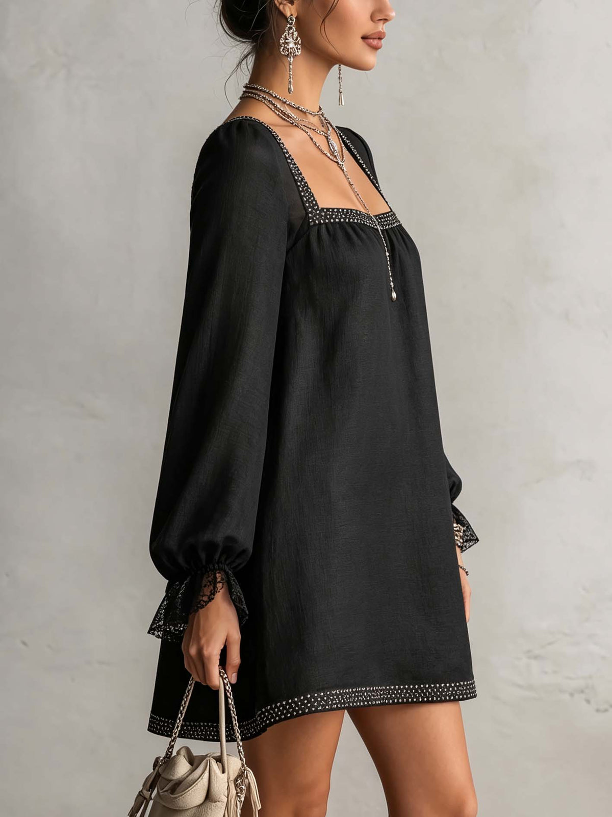 Rhinestone Square Neck Mini Dress