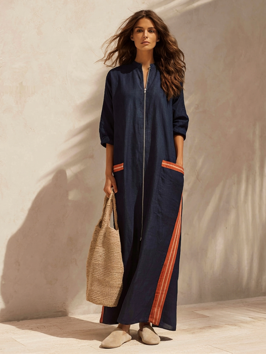 Contrast Stripe Half-Zip Maxi Dress
