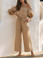 Off-Shoulder Drawstring Wide-Leg Jumpsuit