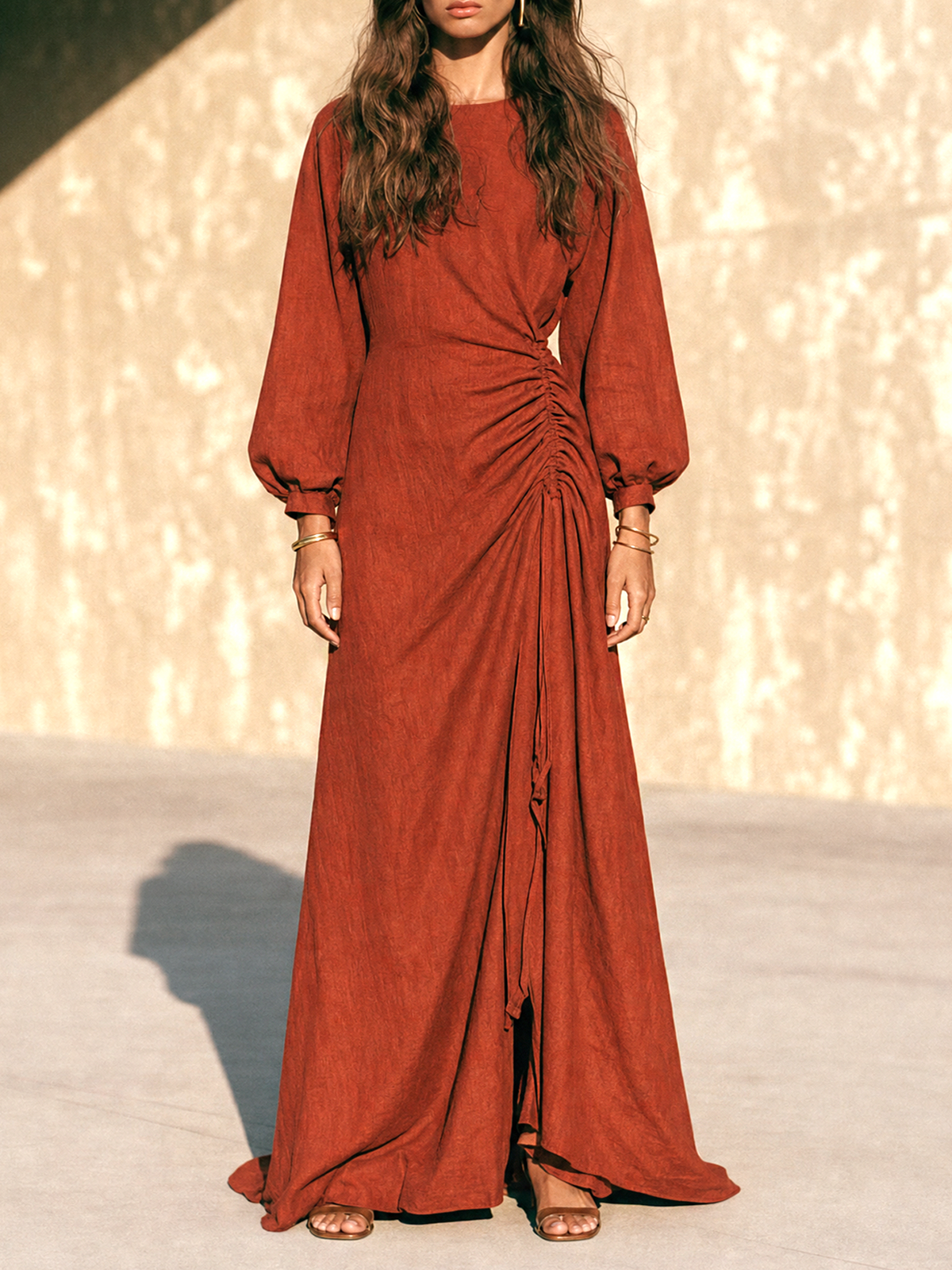 Ruched Side Long-Sleeve Maxi Dress