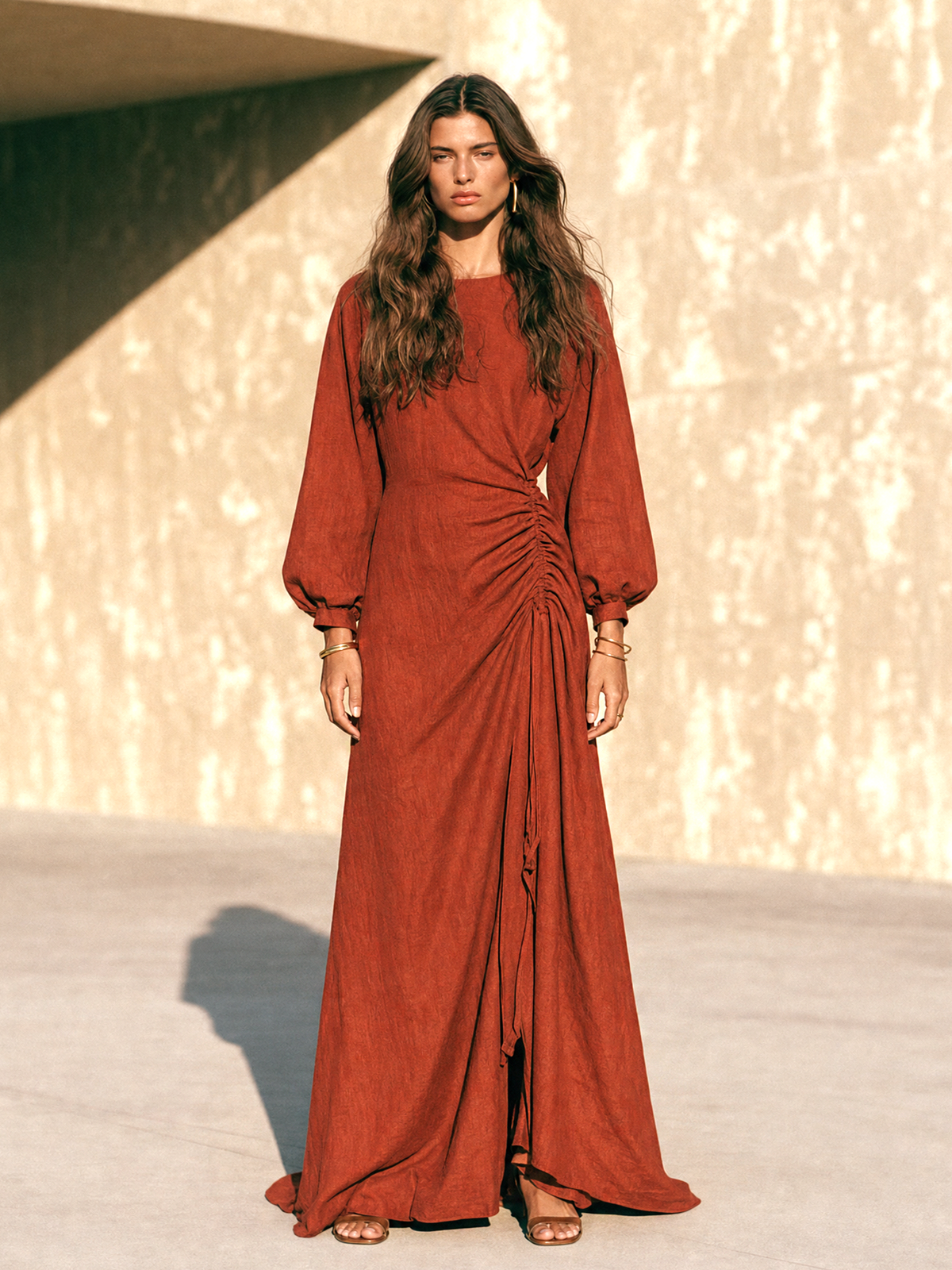 Ruched Side Long-Sleeve Maxi Dress