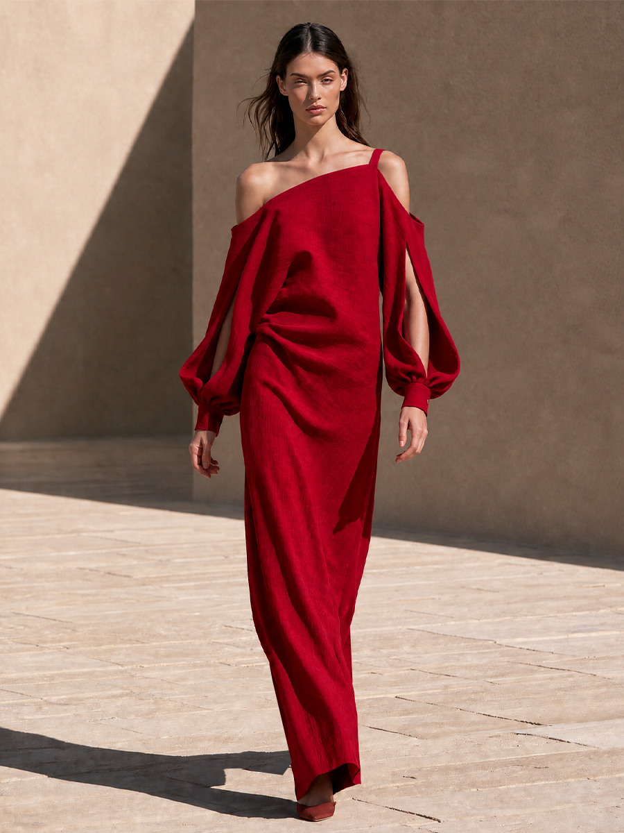 Cold-Shoulder Draped Maxi Dress