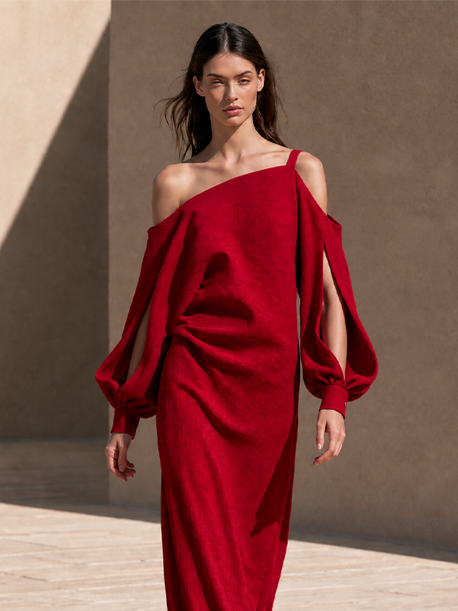 Cold-Shoulder Draped Maxi Dress