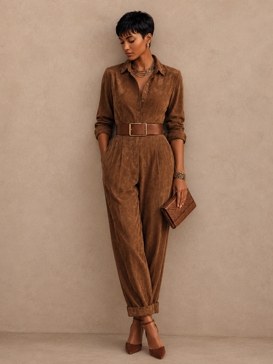 Collared Pleated Tapered Jumpsuit