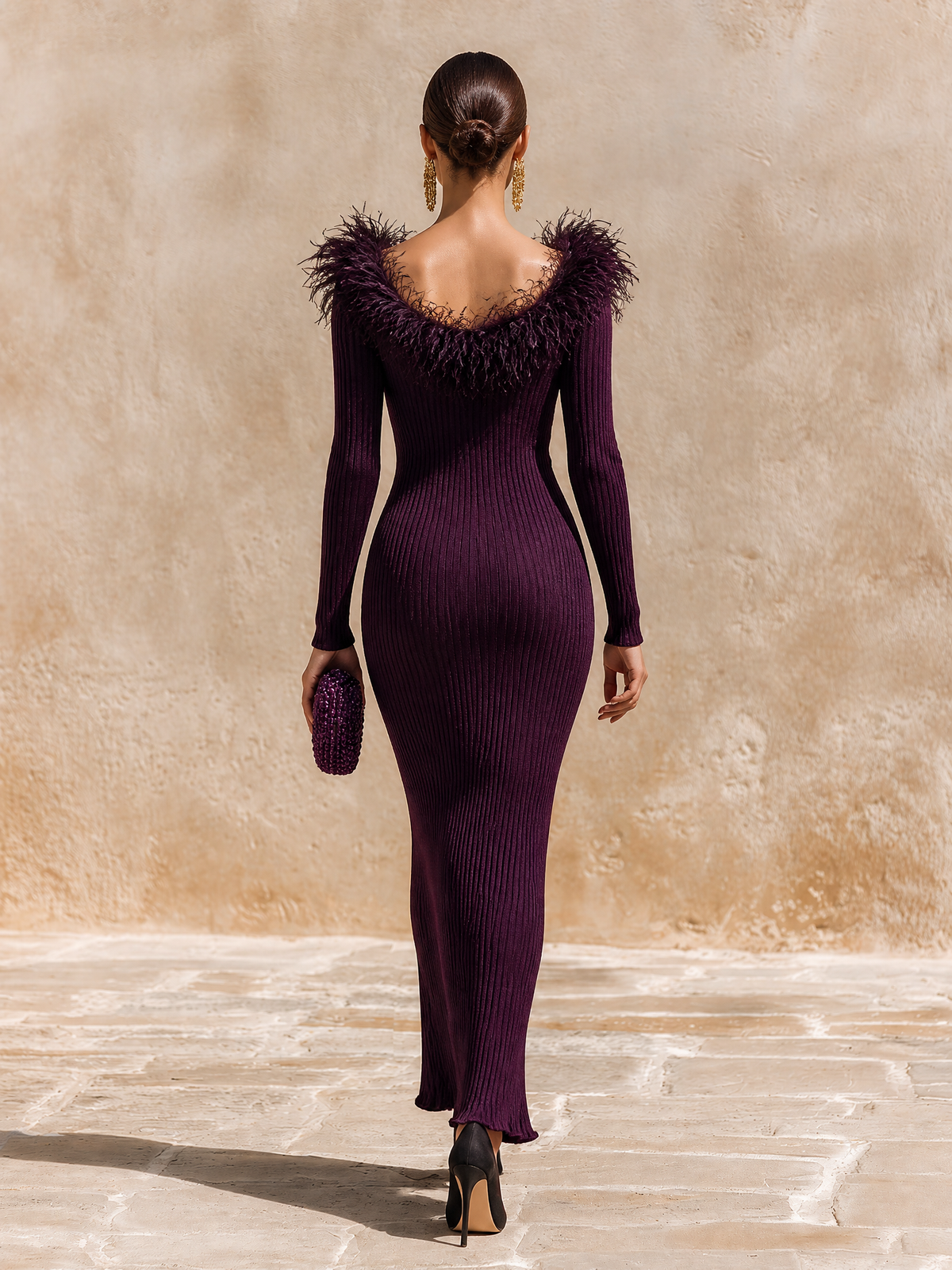 Feather-Trim V-Neck Maxi Dress