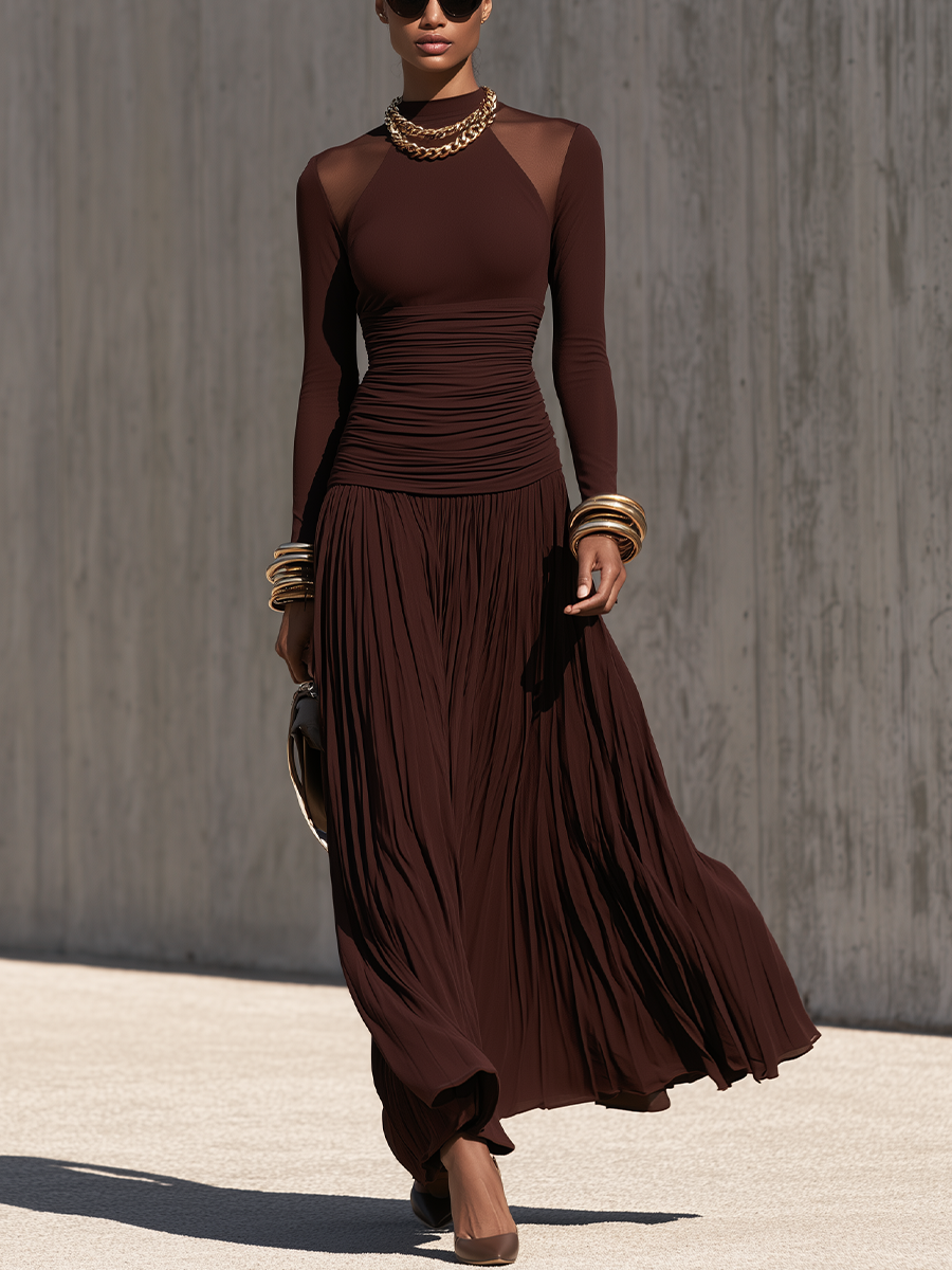Ruched Waist Pleated Maxi Dress