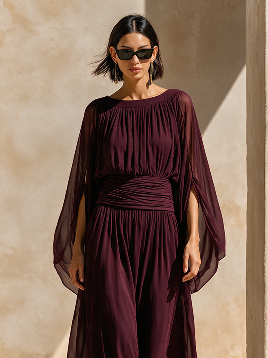Cape Sleeve Gathered Maxi Dress
