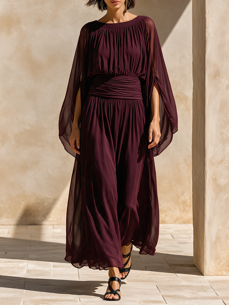 Cape Sleeve Gathered Maxi Dress