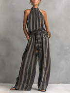 Striped Printed Woven Round Neck Sleeveless Top Paired With Trousers Set