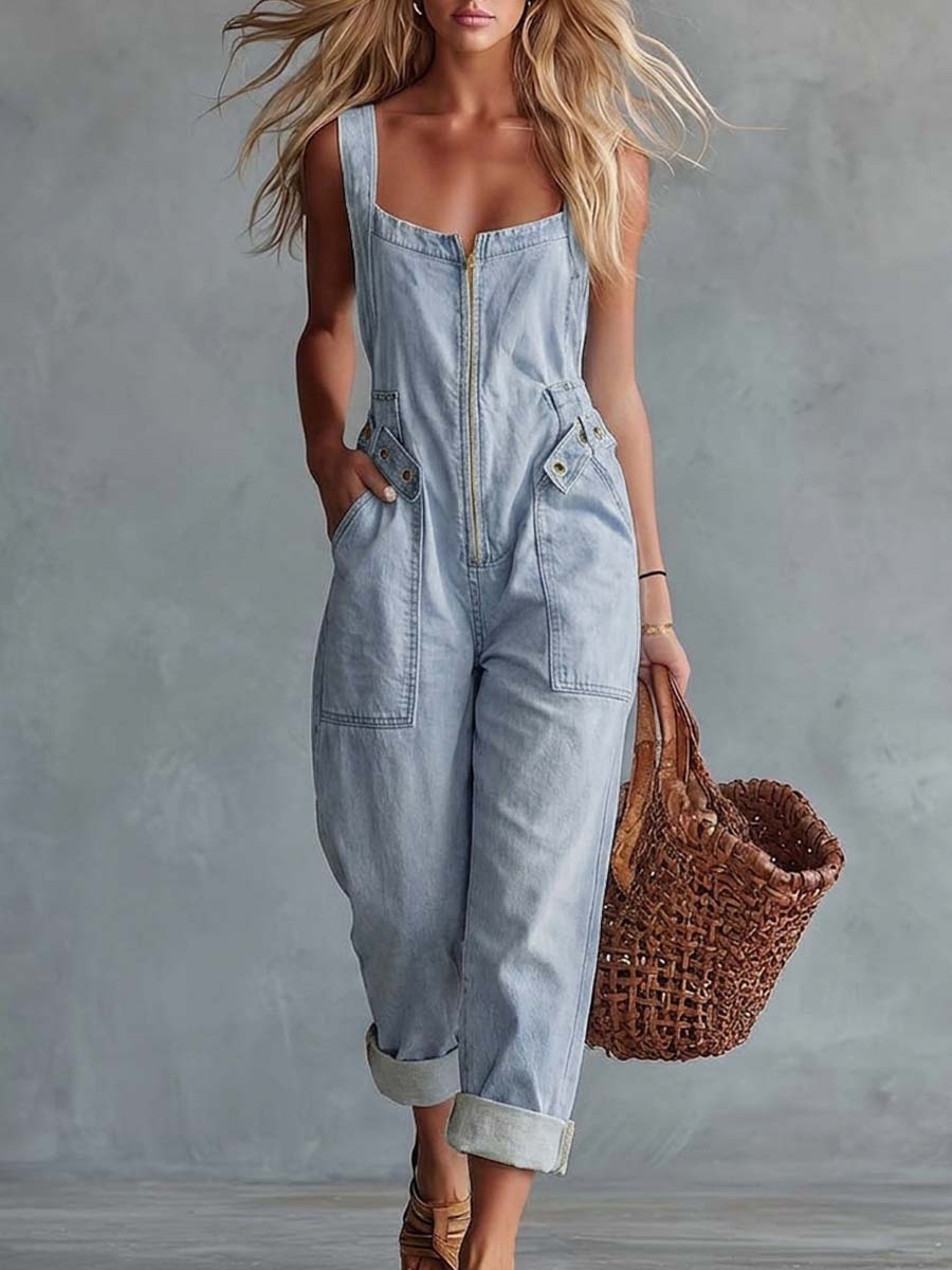 Retro Zip-Front Belted Jumpsuit