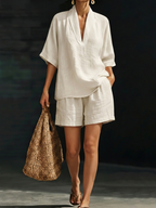 💝💝Women's Minimalist Cozy V-neck Shirt And Shorts Linen Cotton Two-piece Set