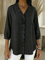 CLEARANCE SALE✨Denim V Neck Ruffle Hem Blouse