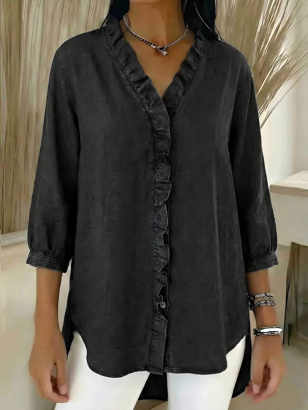 CLEARANCE SALE✨Denim V Neck Ruffle Hem Blouse