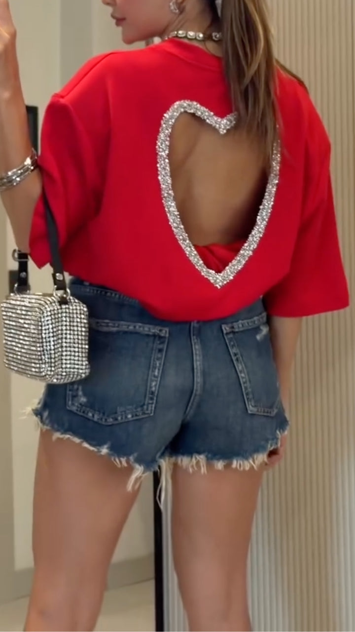 Heart Rhinestone Cutout T-Shirt & Denim Shorts