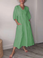 🔥Clearance Sale🔥 Women's Casual Fashion V-Neck Solid Color Mid-Length Sleeve Dress