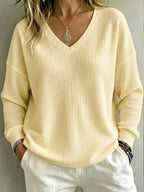 New Arrival🔥 Women's Casual V-Neck Waffle Top Sweatshirt