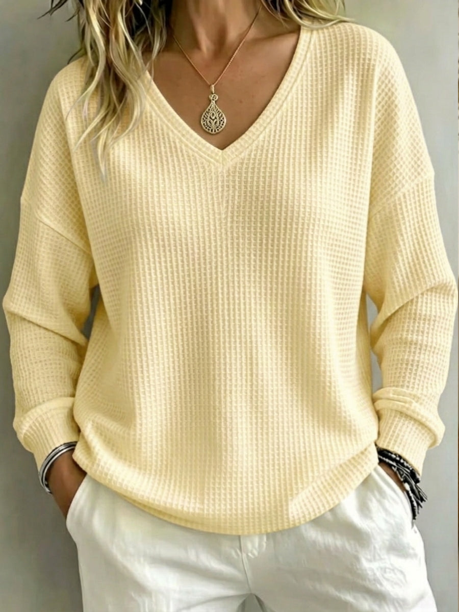 New Arrival🔥 Women's Casual V-Neck Waffle Top Sweatshirt