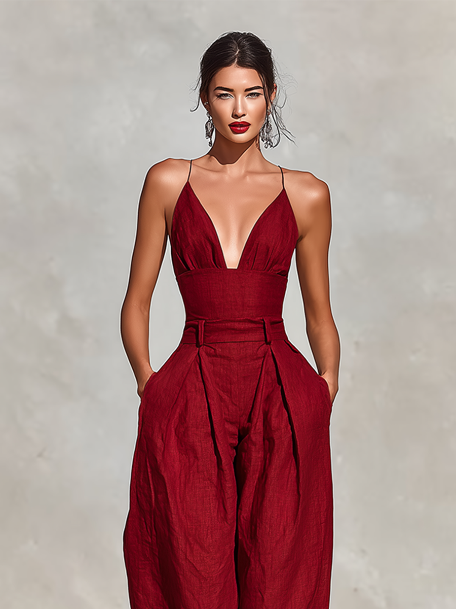 Spaghetti Straps & High-Waisted Pleated Jumpsuit