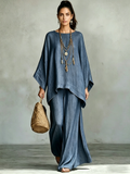 Denim Batwing Asymmetrical Top & Wide Leg Pants Set