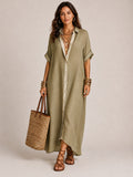 Linen-Blend Short-Sleeve Shirt Maxi Dress