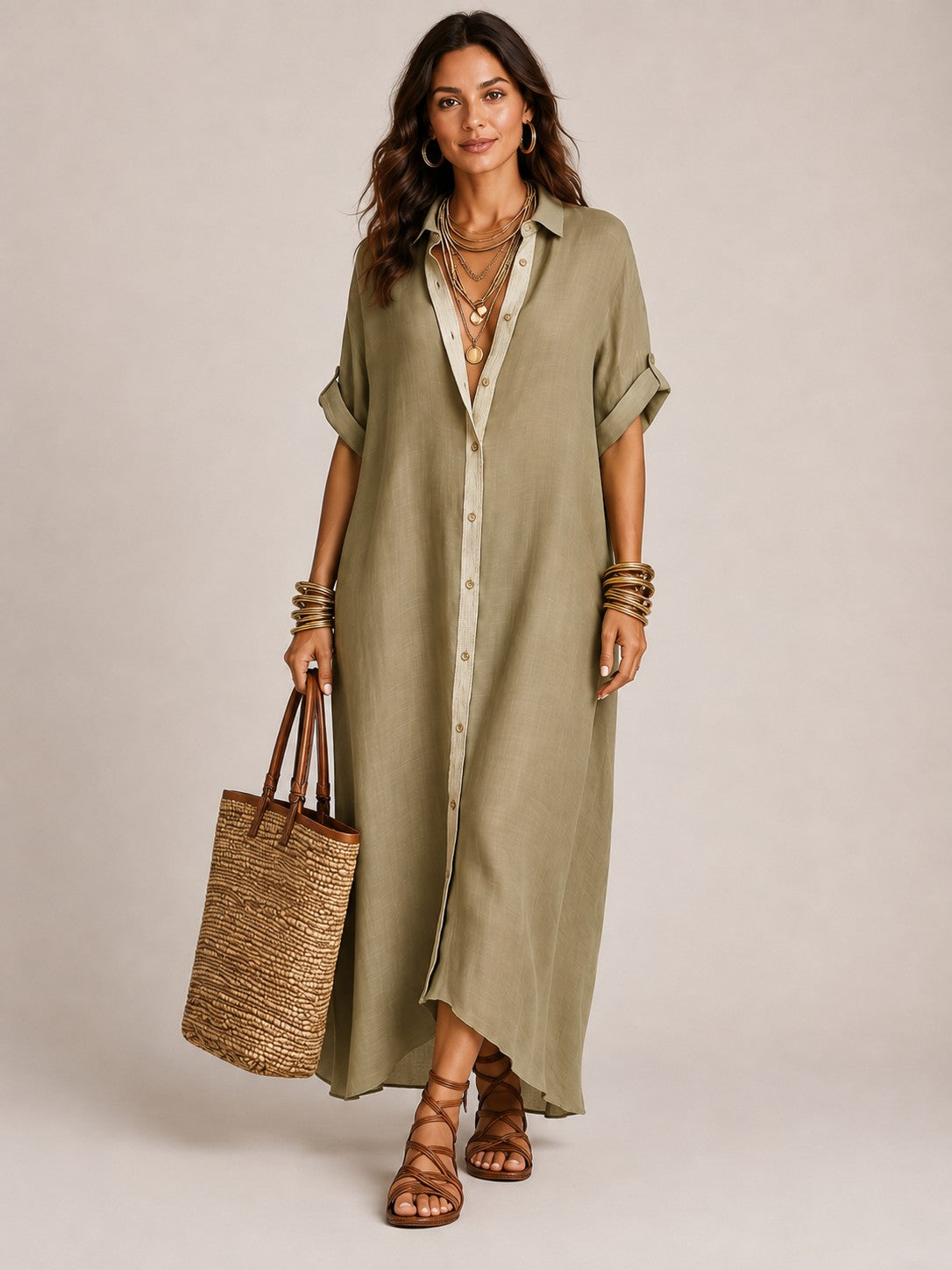 Linen-Blend Short-Sleeve Shirt Maxi Dress