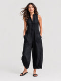 Black Linen-Blend Stand Collar Sleeveless Jumpsuit