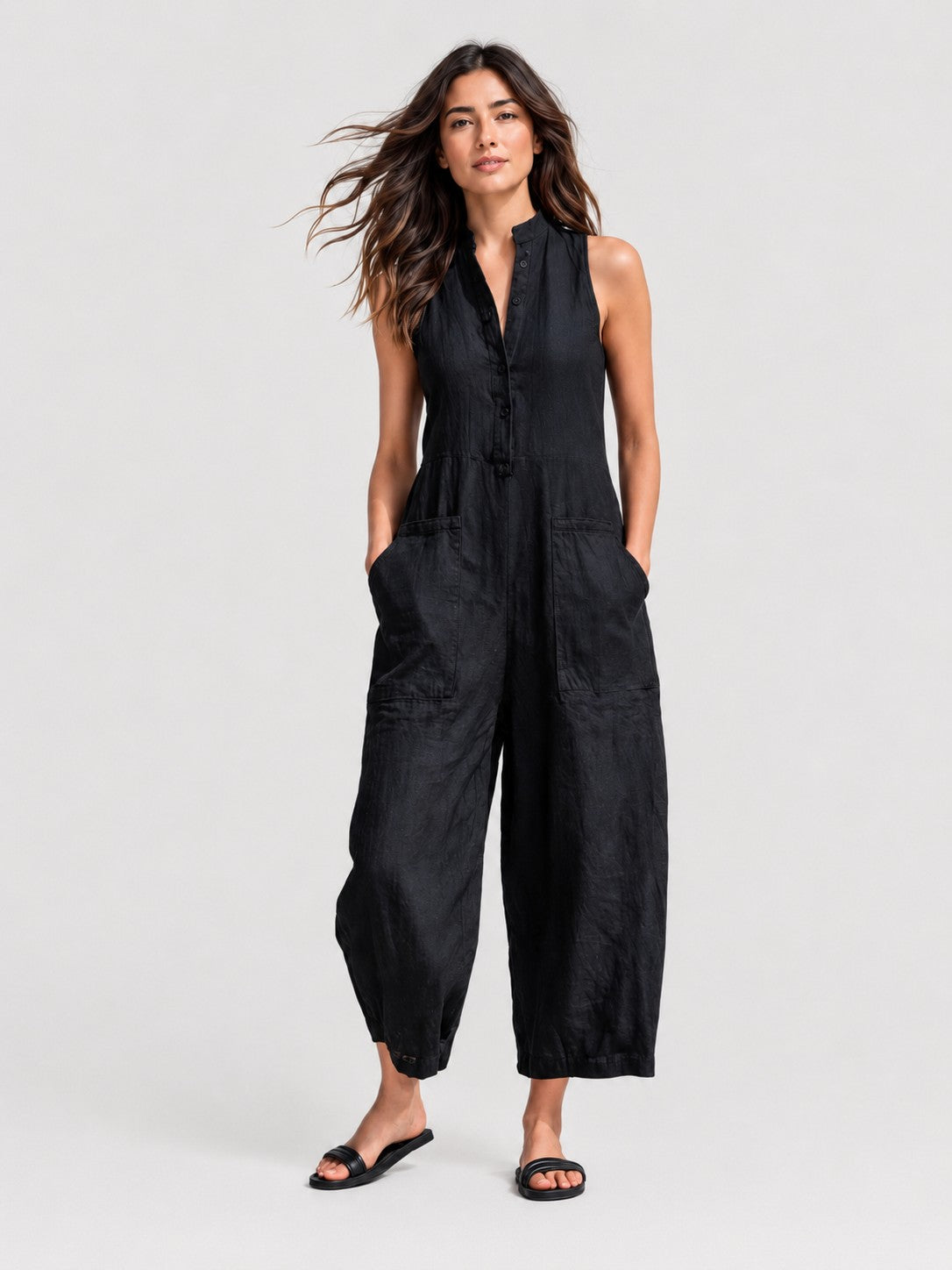 Black Linen-Blend Stand Collar Sleeveless Jumpsuit