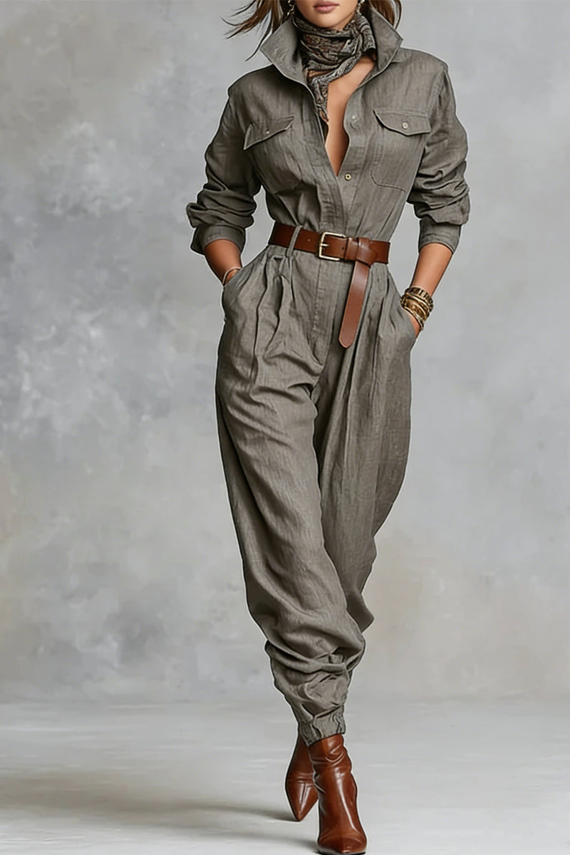 Cotton And Linen Blended Long Sleeve Shirt Jumpsuit