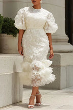 White Lace Puff-Sleeve Midi Dress