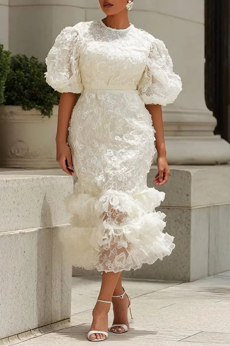 White Lace Puff-Sleeve Midi Dress