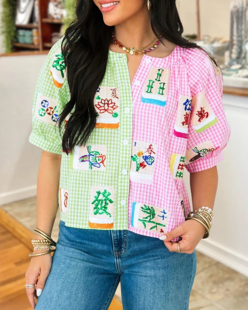 Contrast Checkered Mahjong Sequin Shirt